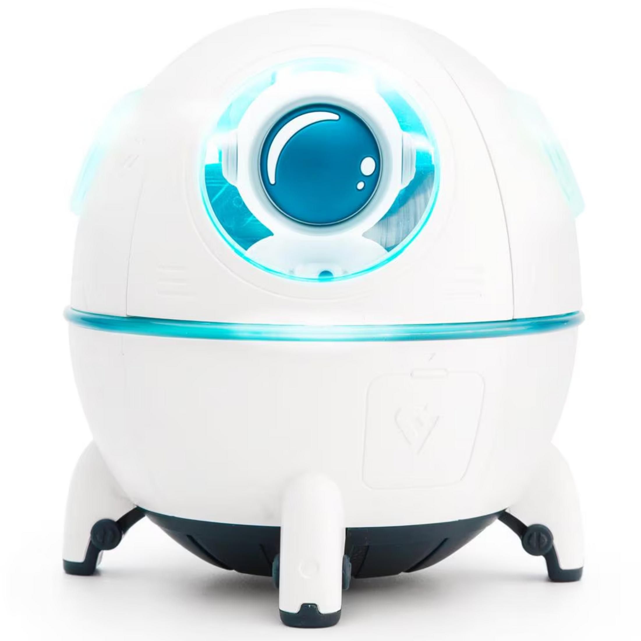 Ein weißer Roboter mit blauem Auge und leuchtenden blauen Akzenten steht auf drei Beinen.