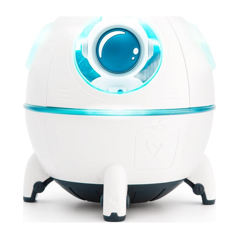Ein weißer Roboter mit blauen Lichtern und einem runden Auge.