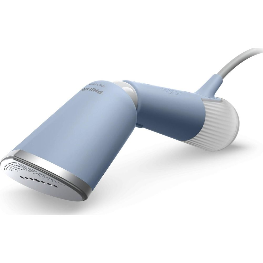 Un défroisseur vapeur Philips bleu avec garniture argentée et cordon blanc.