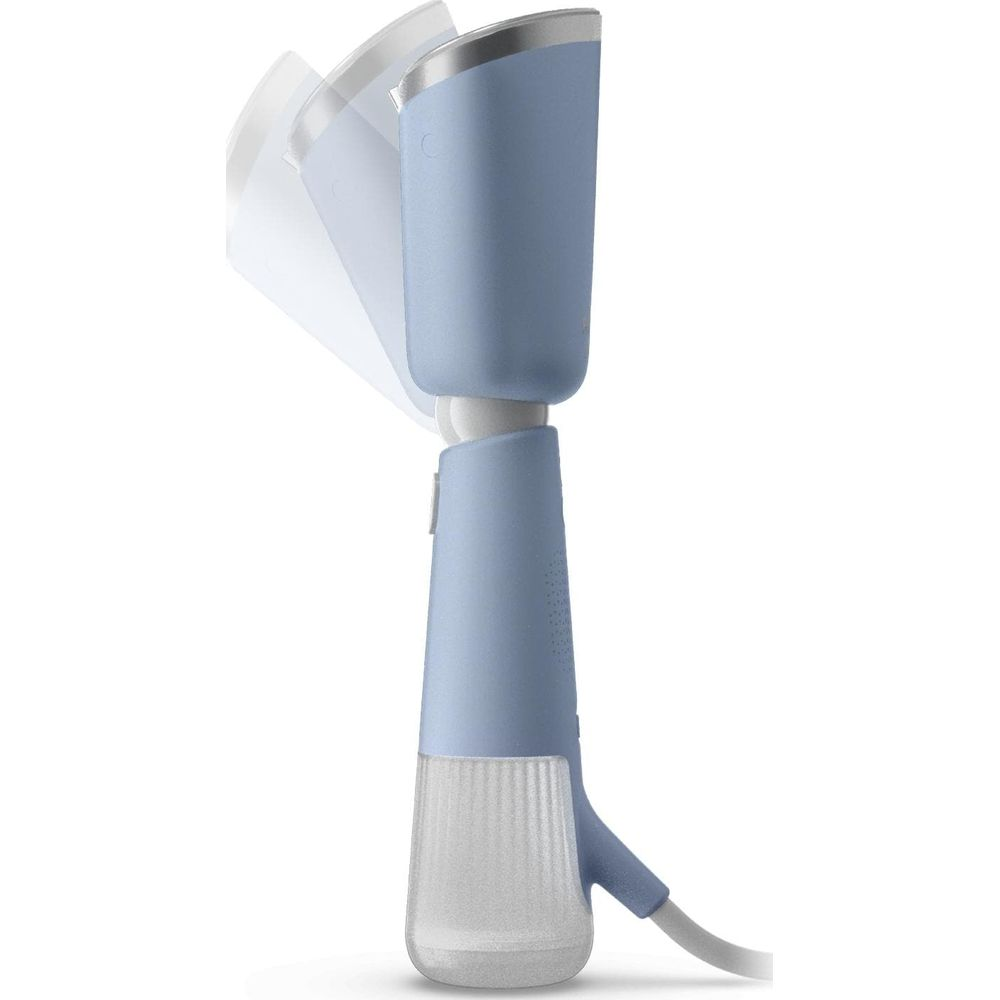 Un défroisseur vapeur bleu avec tête pivotante et réservoir d'eau transparent.