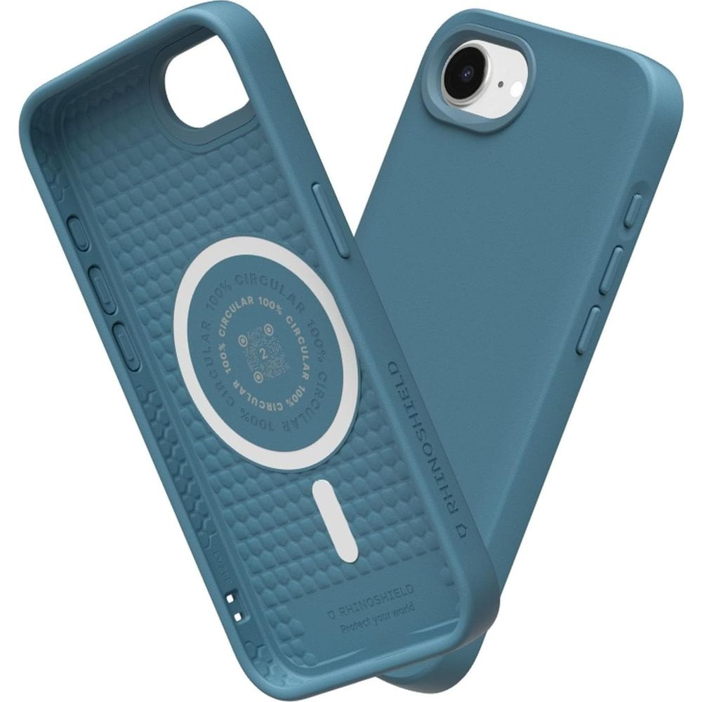 Twee blauwe telefoonhoesjes, één toont de binnenkant met cirkelvormig logo, de ander de buitenkant.