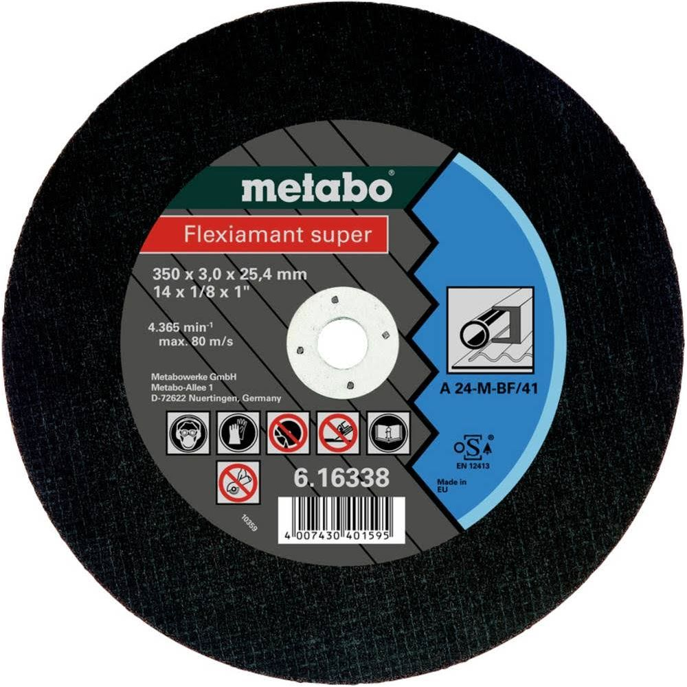 Disque de coupe Metabo Flexiamant super avec détails de taille et logos de sécurité.