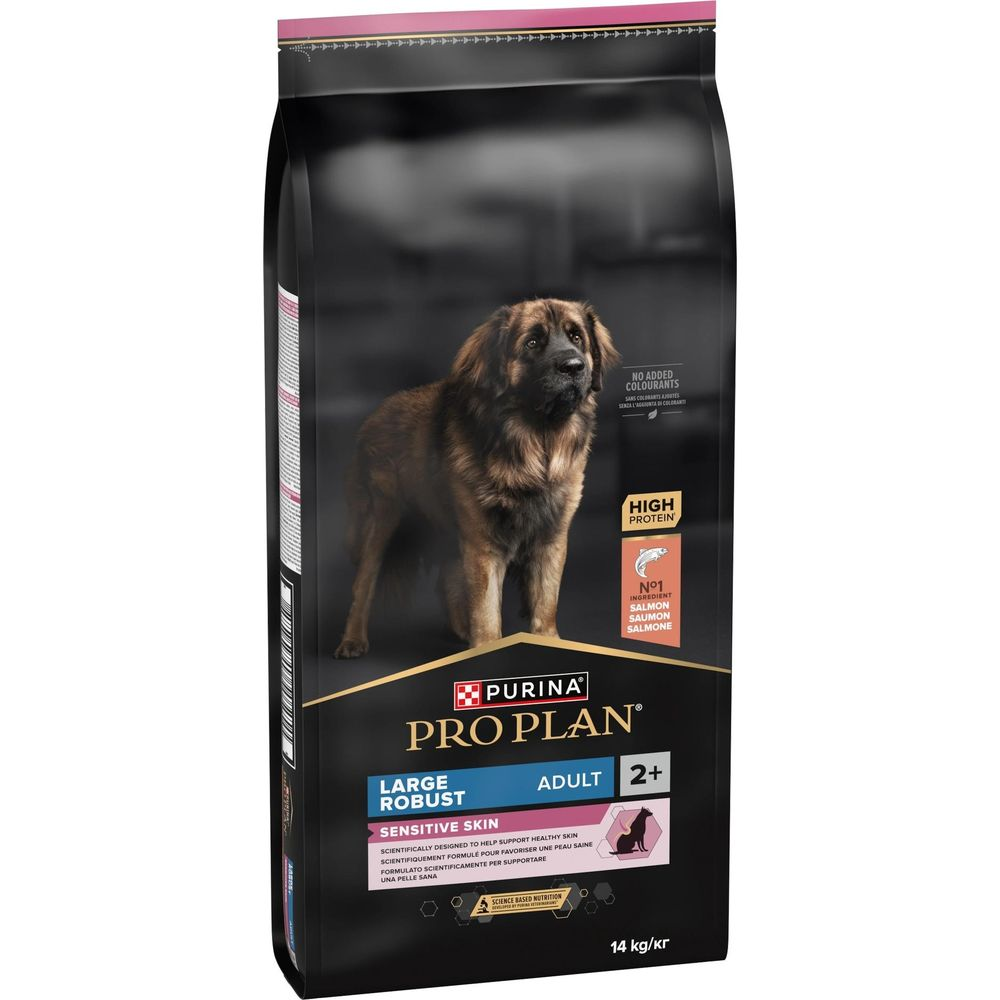 Hundefutterpaket mit einem großen Hund, hoher Proteingehalt, Lachs als Zutat.