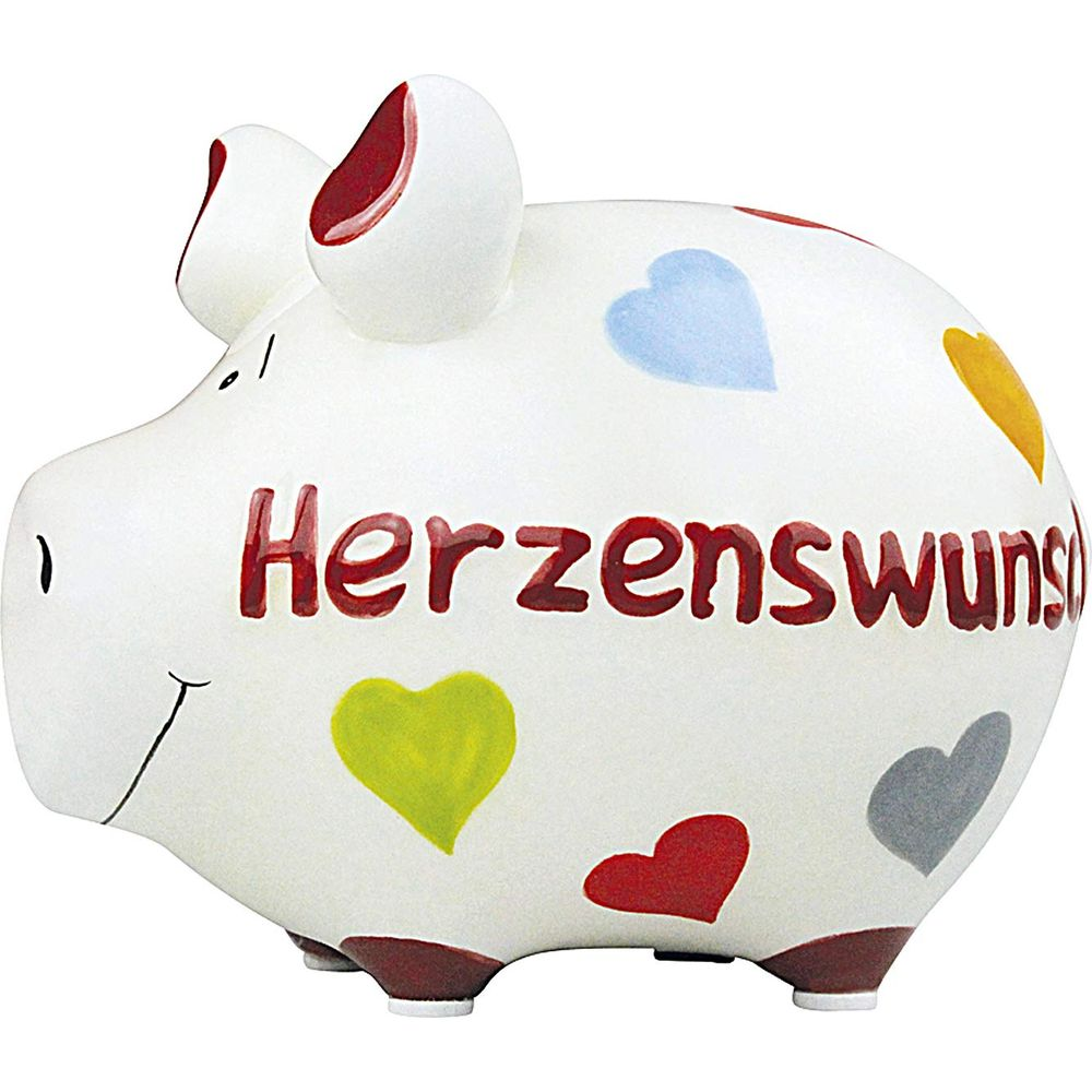 Weiße Sparschwein-Figur mit bunten Herzen und dem Wort „Herzenswuns“.
