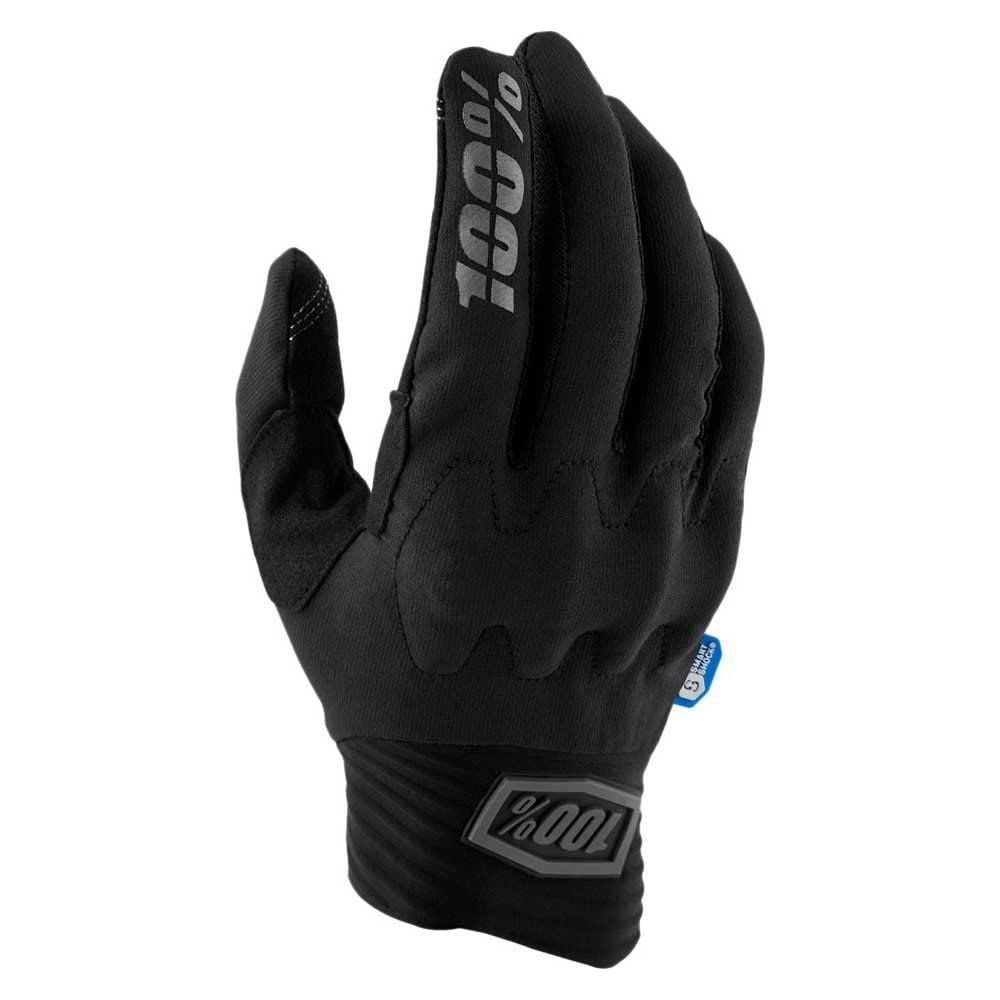 Schwarzer Handschuh mit 100% Logo auf dem Handrücken und Manschette.
