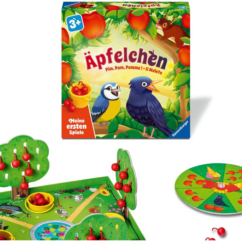 Brettspiel mit Vögeln, Äpfeln und einem Eichhörnchen auf dem Karton.
