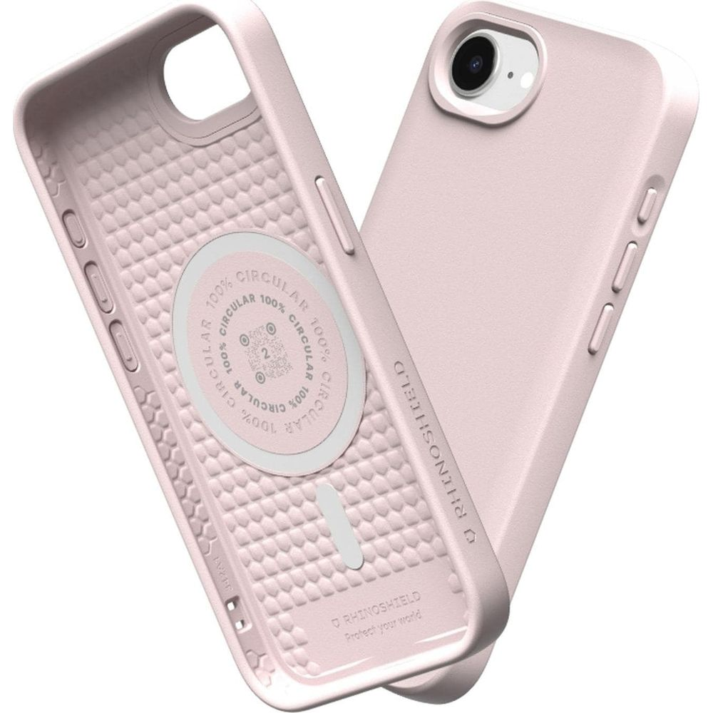 Roze telefoonhoesje met cirkelvormig 100% logo en getextureerde binnenkant.