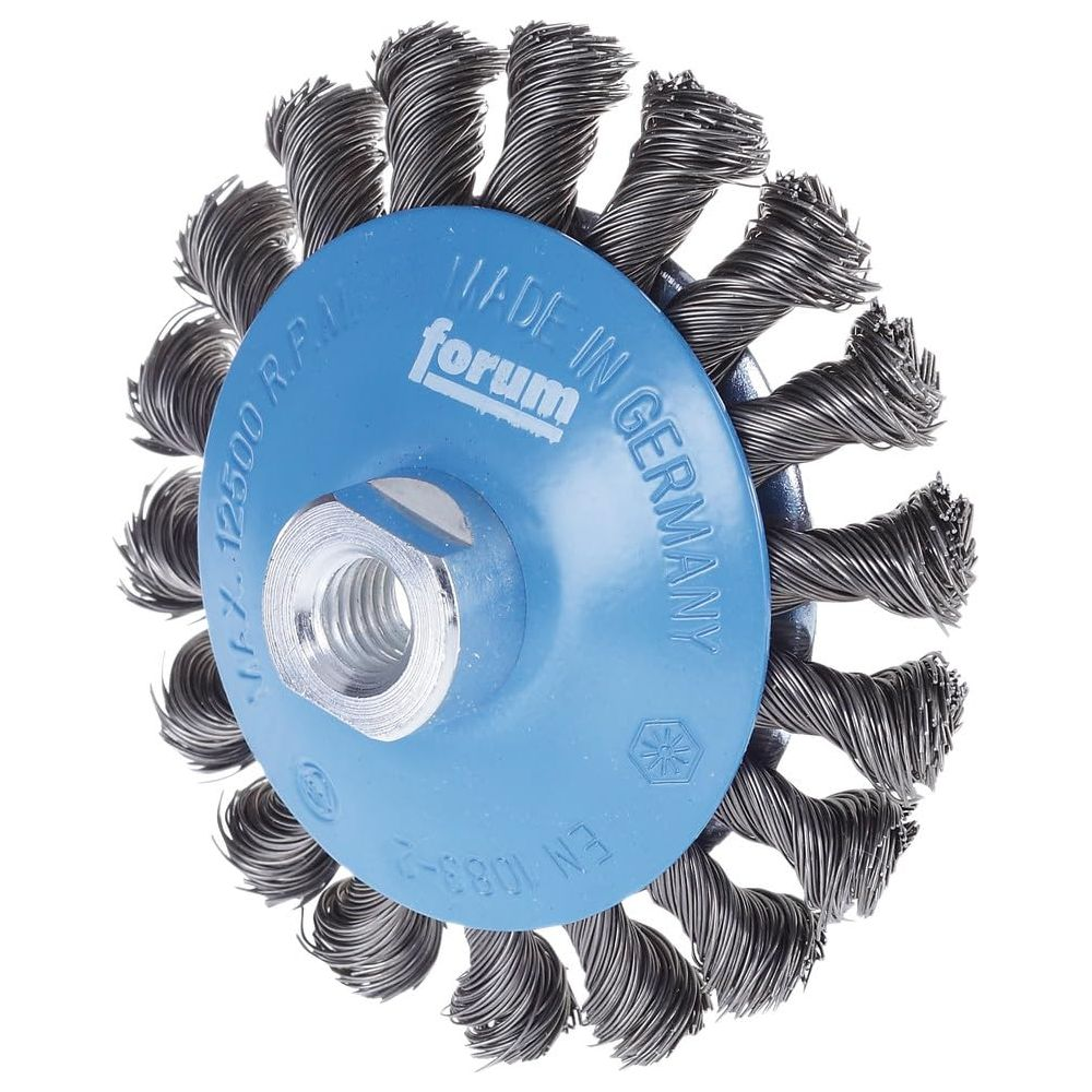 Une brosse métallique bleue avec des poils en métal, fabriquée en Allemagne, 12500 tr/min.