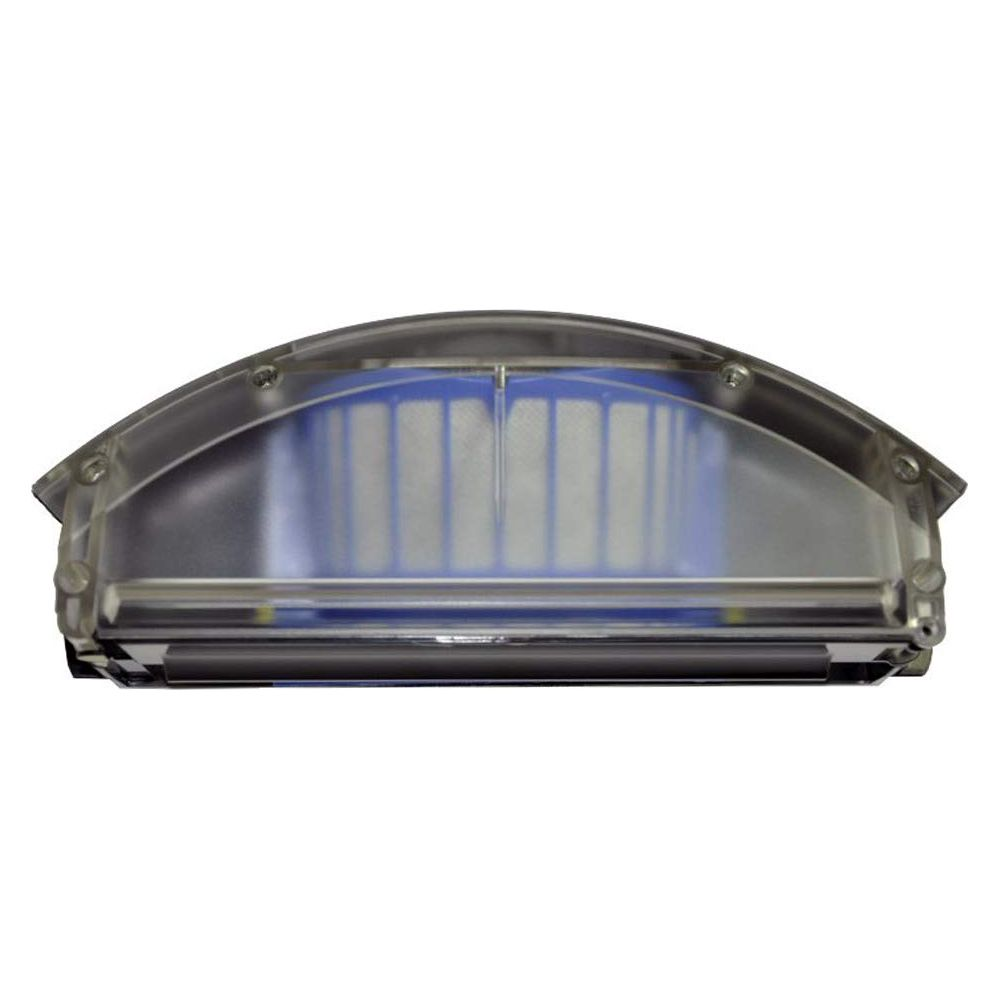 Un boîtier de filtre transparent avec des filtres bleus et une brosse.