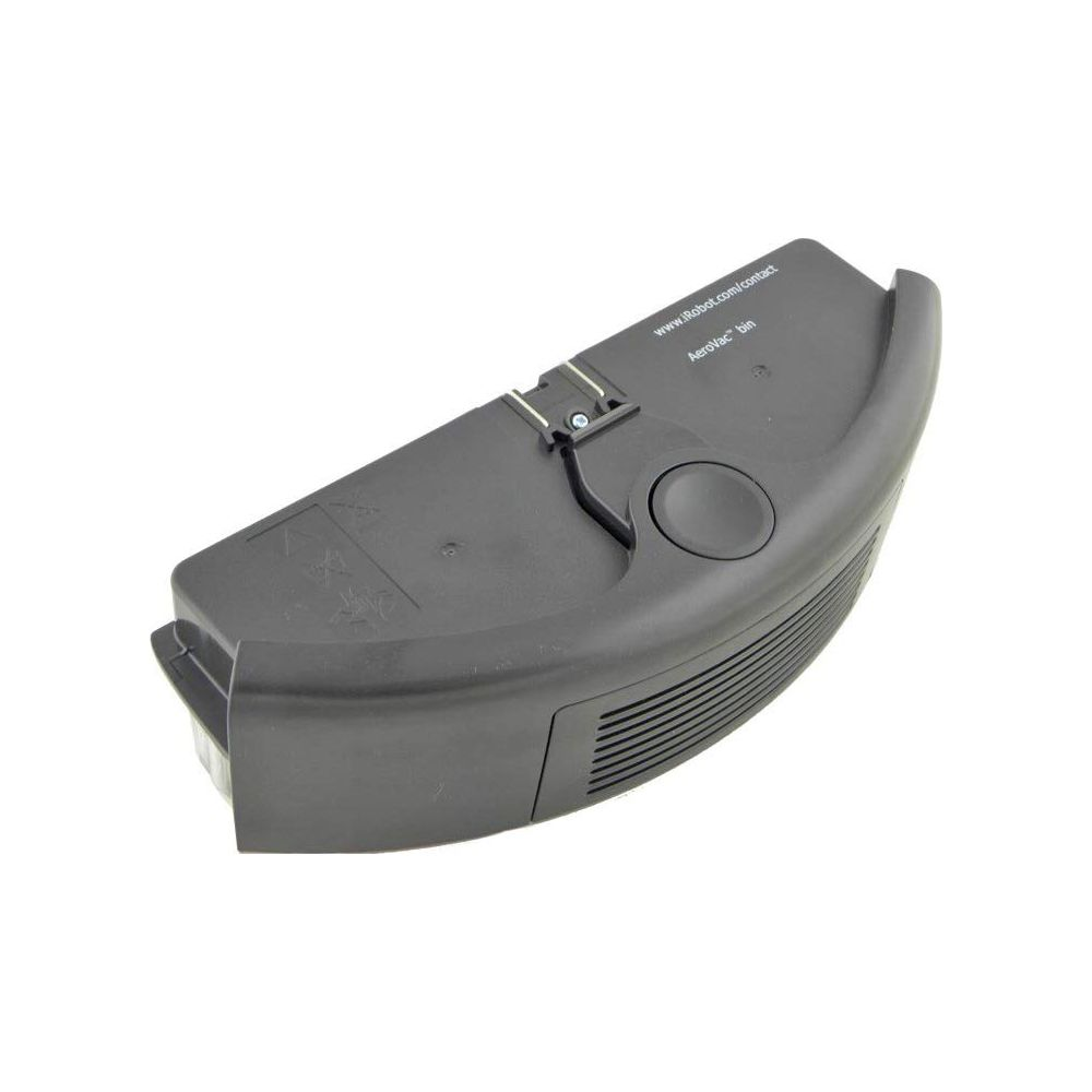 Bac iRobot AeroVac noir avec bouton rond et texte.