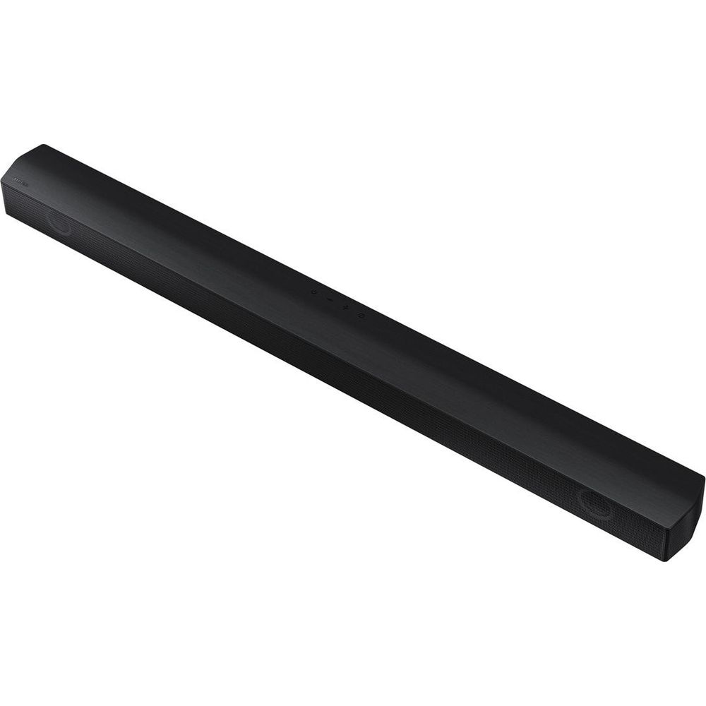 Une barre de son noire élégante avec des grilles de haut-parleur sur les extrémités.