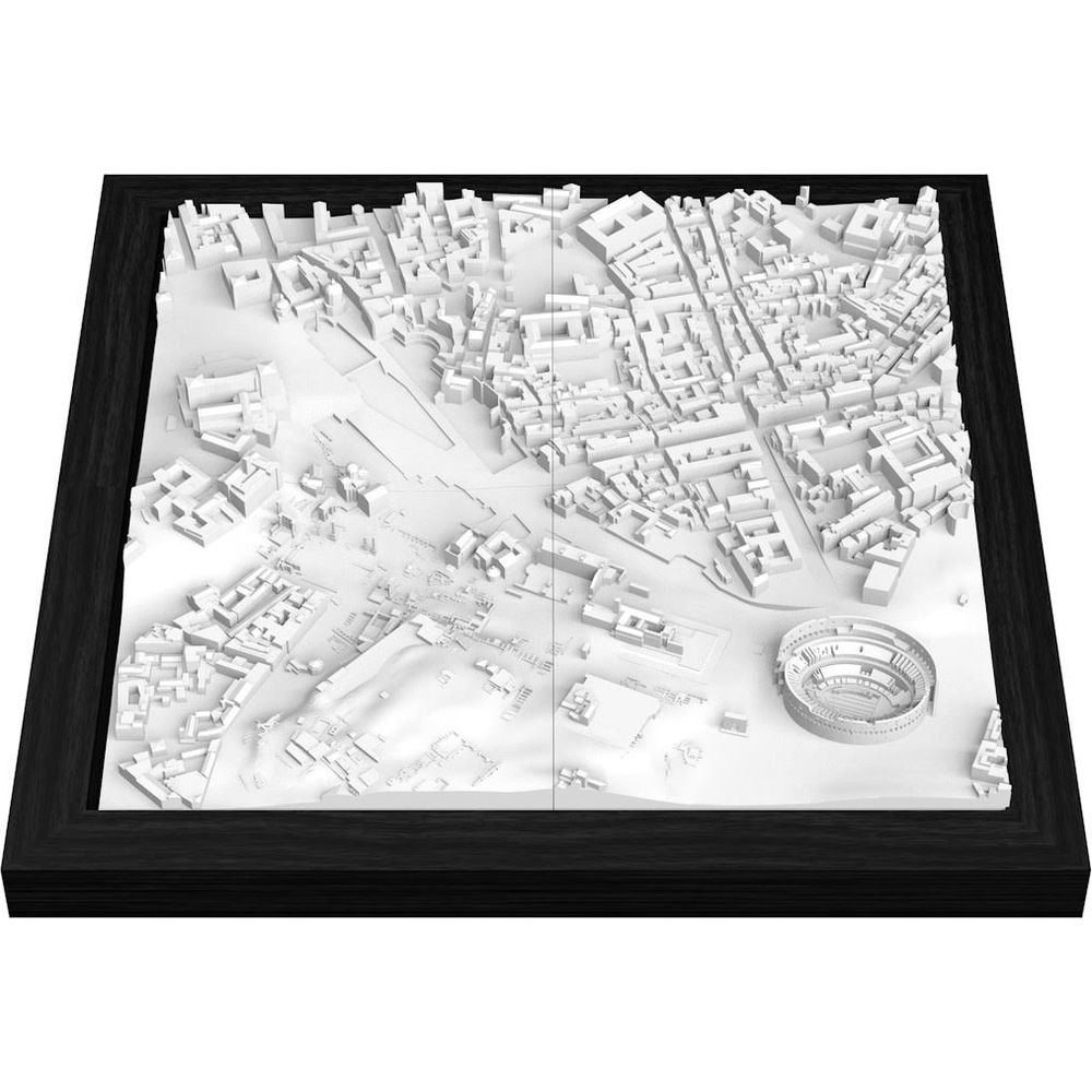 Maquette blanche 3D d'une ville avec bâtiments et amphithéâtre, encadrée de noir.