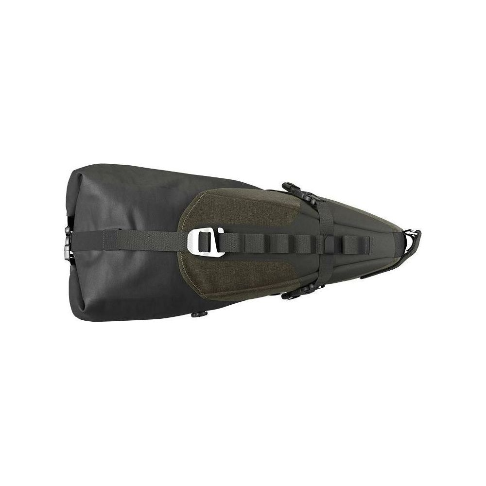 Un organisateur de sacoche de selle de vélo foncé avec accents vert olive et boucles.