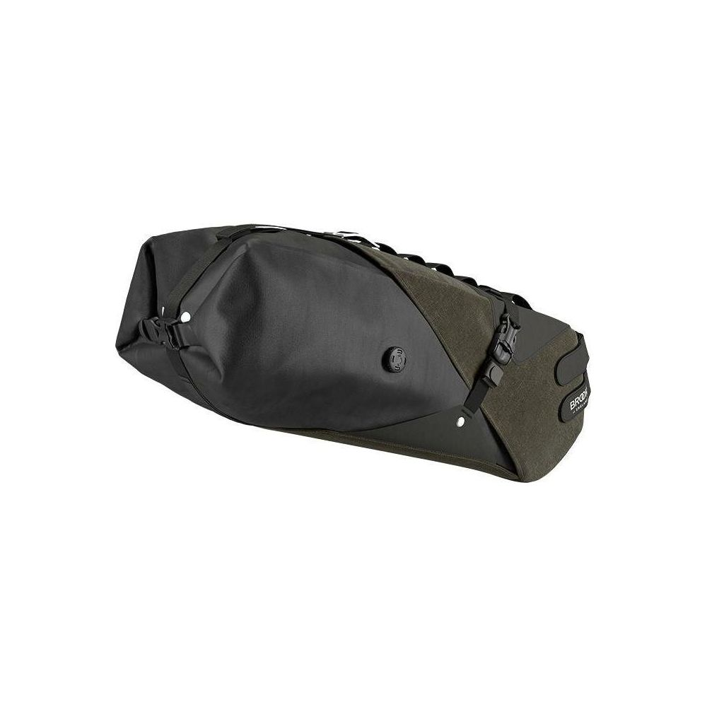 Sac de vélo noir et vert olive avec sangles et boucles, isolé sur fond blanc.