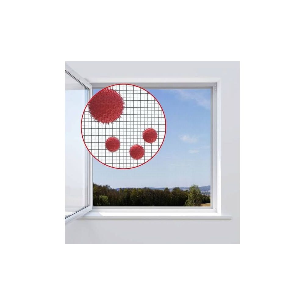 Rote Virenpartikel auf einem Fenstergitter vor einer Landschaft.
