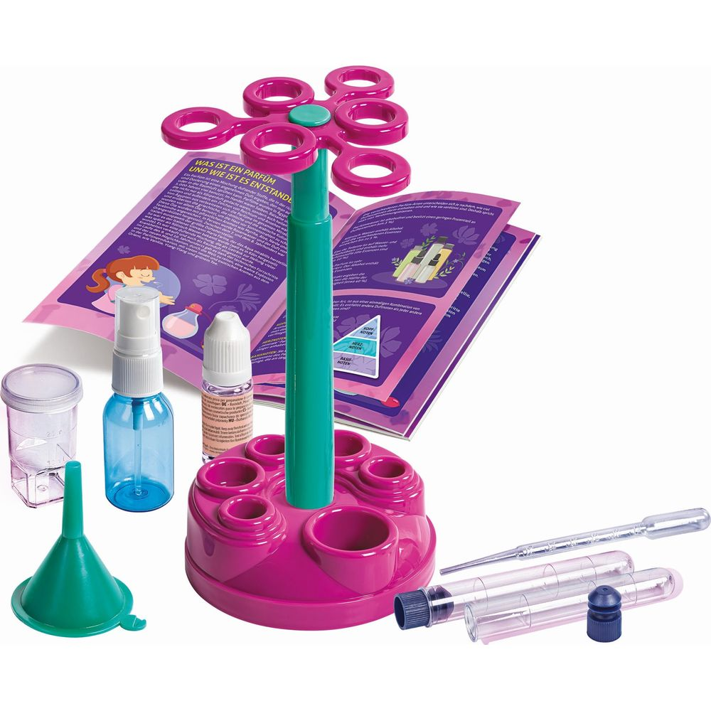 Ein Parfüm-Experimentierkasten mit Fläschchen, Trichter, Pipetten und Anleitung.