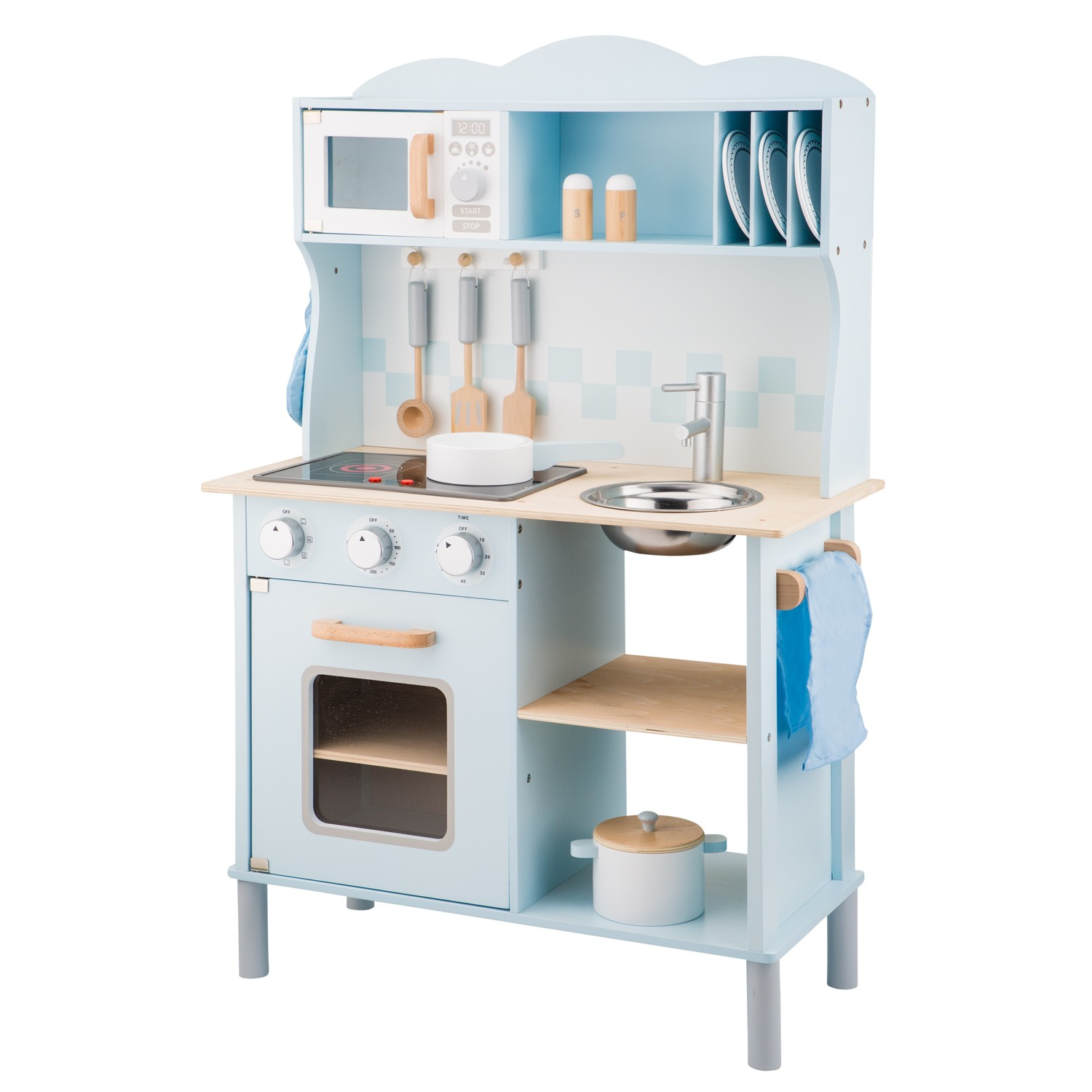 Cucina giocattolo azzurra con piano cottura, lavello, microonde e accessori.