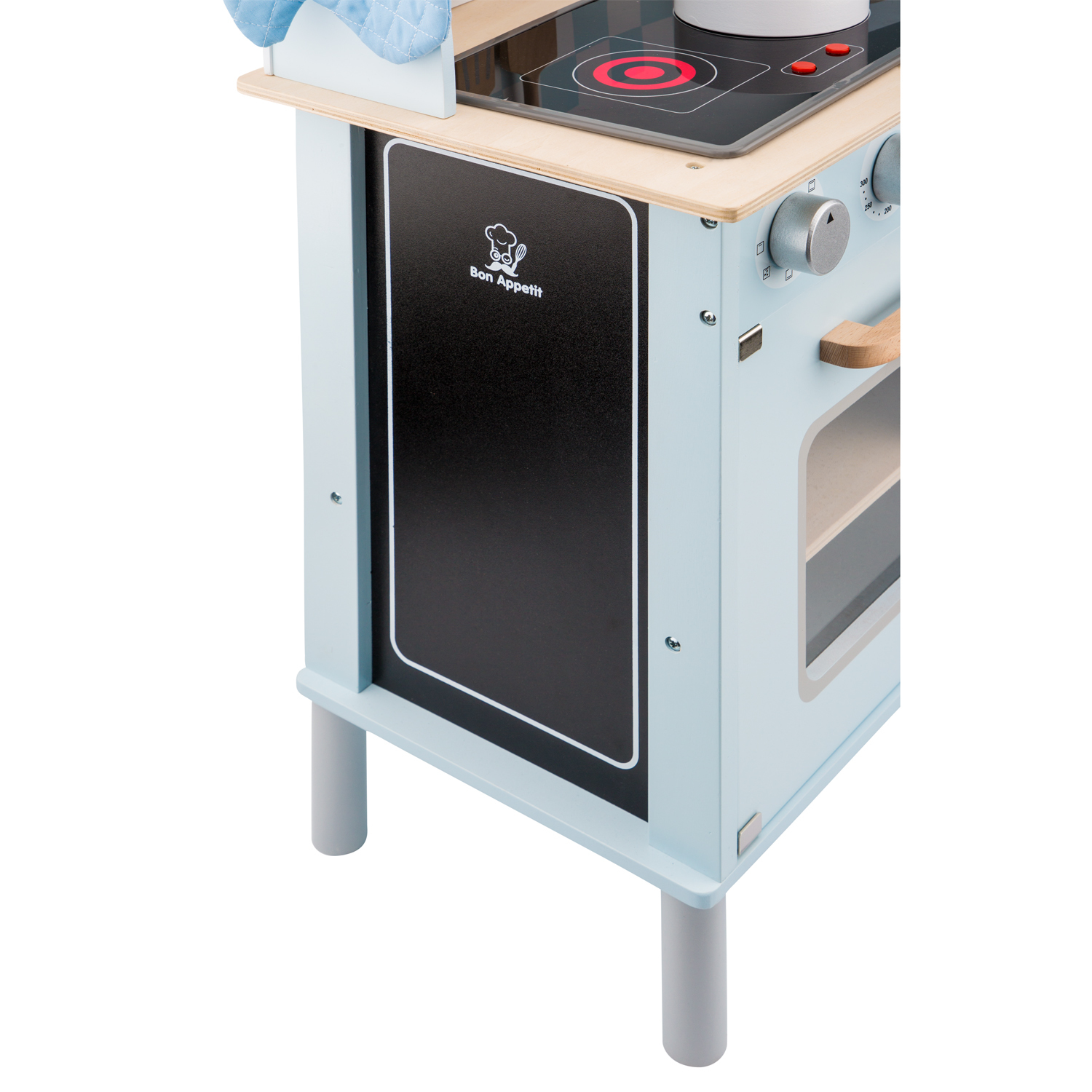 Cucina giocattolo azzurra con piano cottura, sportello forno, manopole e manici in legno.
