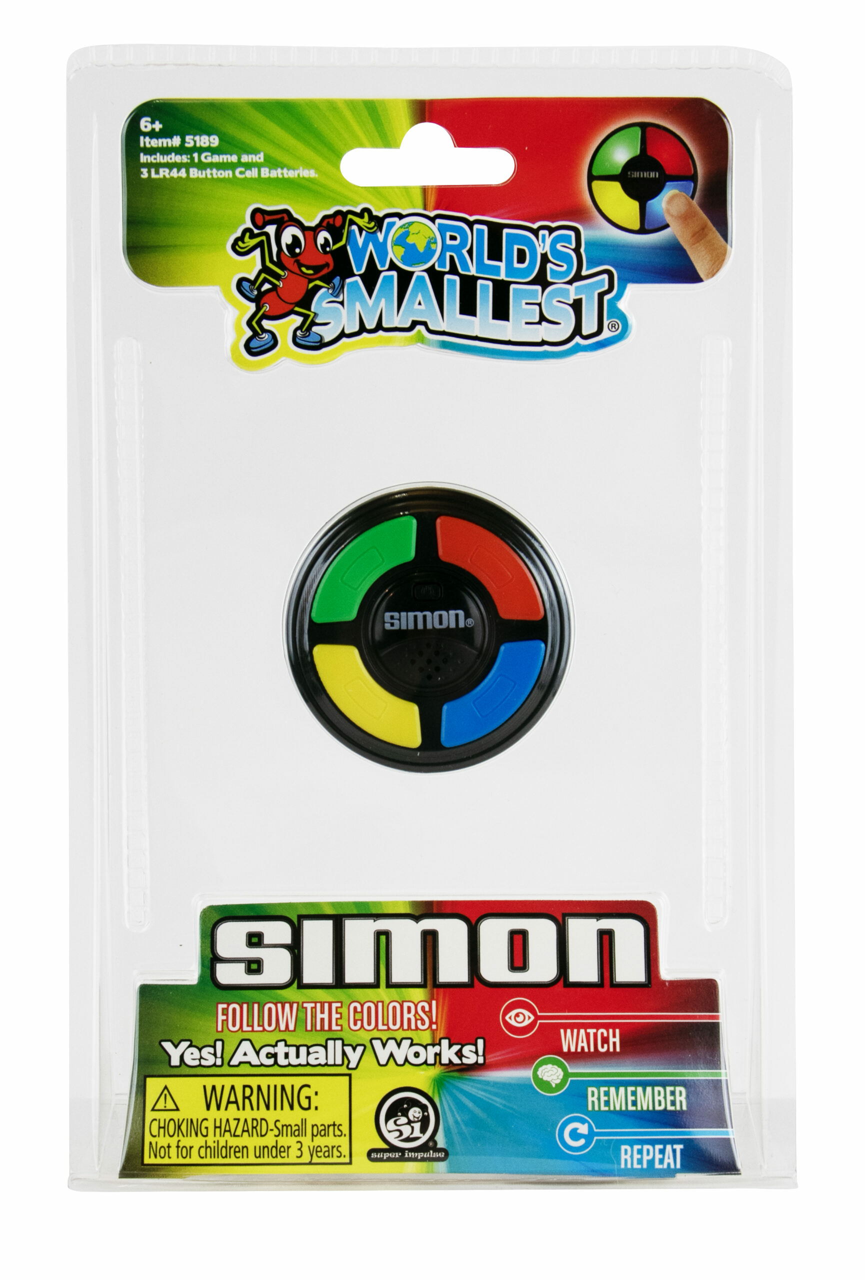 Confezione del gioco "Il Simon più piccolo del mondo", con un gioco Simon rosso, blu, verde e giallo.