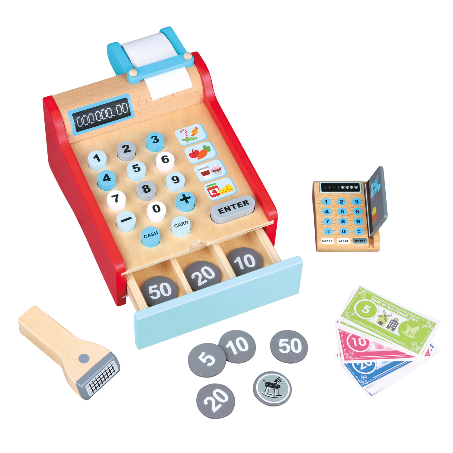 Holzkasse mit Scanner, Geldmünzen, Spielgeld und Kartenleser.