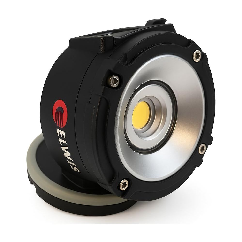 Lampe de travail LED noire avec logo ELWIS, réflecteur argenté et lumière jaune.
