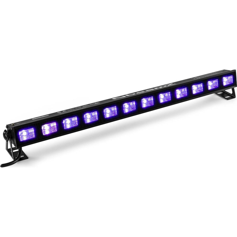 Una barra de luz negra con muchos LEDs morados brillando sobre fondo blanco.
