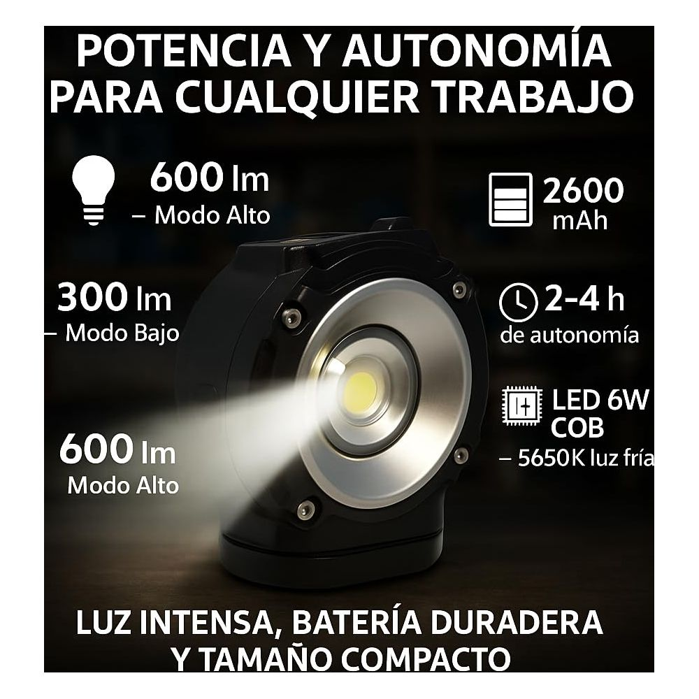 Lampe de travail: 600lm (haut) / 300lm (bas), 2600mAh, 2-4h batterie.