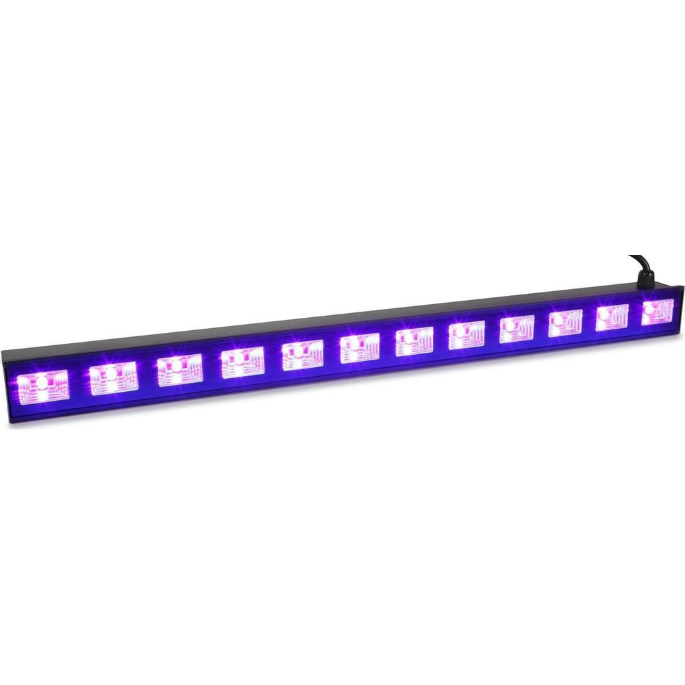 Una barra de luz UV larga y negra con muchas luces pequeñas que brillan en púrpura.