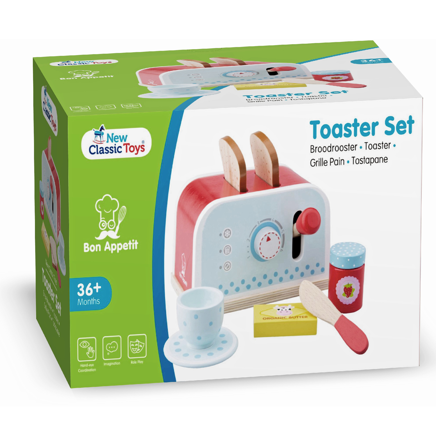 Set tostapane in legno con pane, burro, marmellata, tazza e piattino.