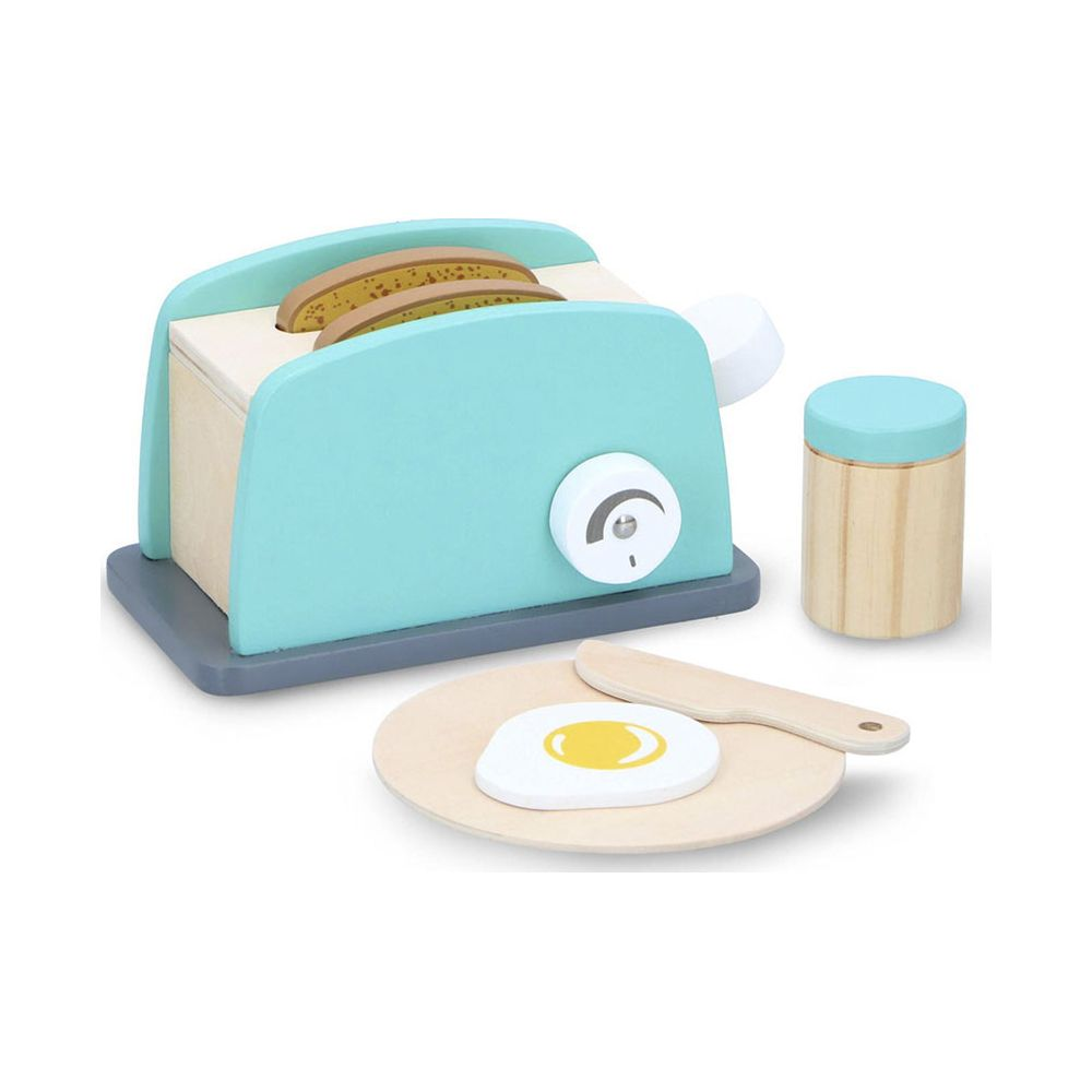 Giocattolo in legno: tostapane con toast, uovo fritto su piatto, coltello e contenitore.