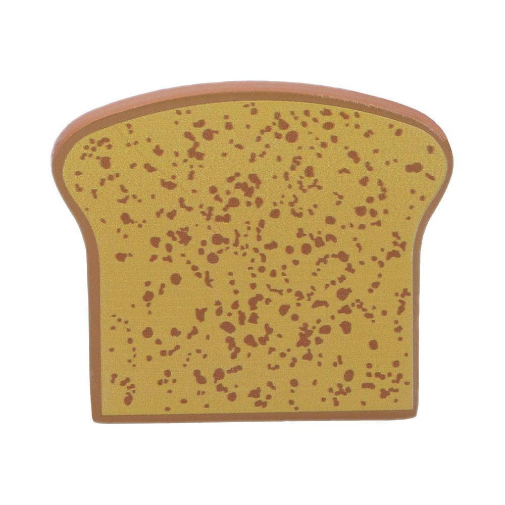Una fetta di pane stilizzata con macchioline marroni su sfondo giallo.