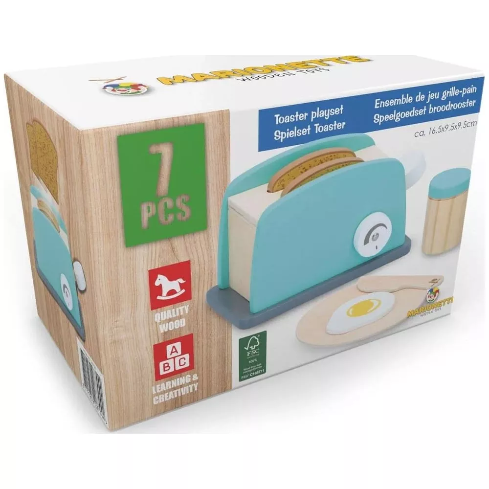 Set gioco tostapane in legno con 2 fette di pane, uovo fritto e piatto.