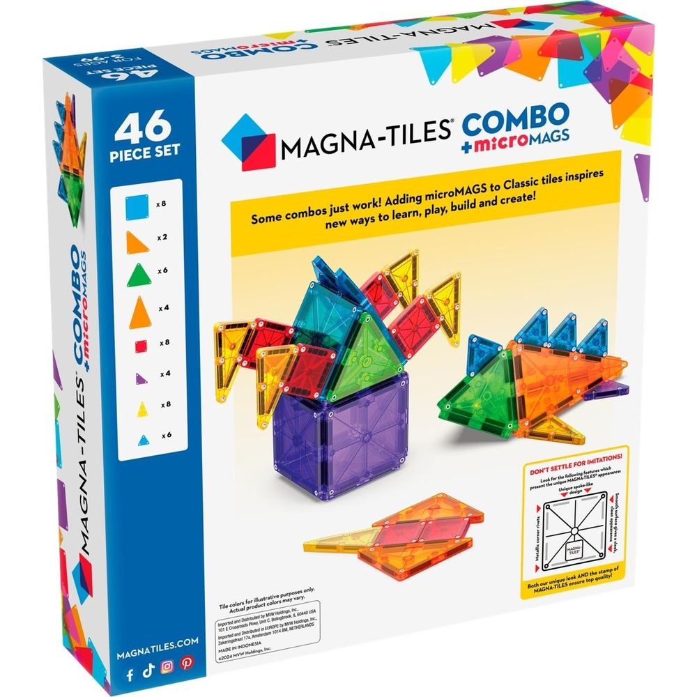 Verpackung für Magna-Tiles Combo + MicroMags, 46 Teile, mit bunten magnetischen Bausteinen.