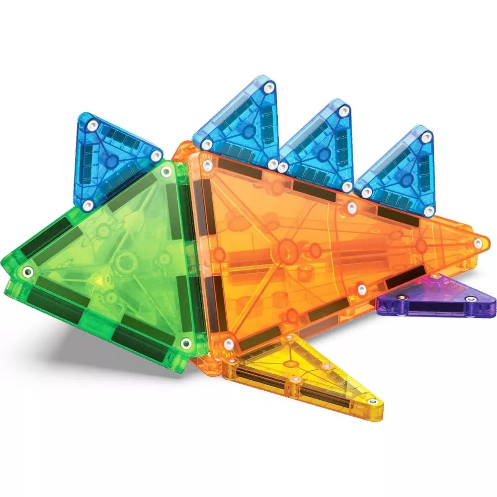 Magnetische Bausteine in Form eines Fisches in Grün, Orange und Blau.