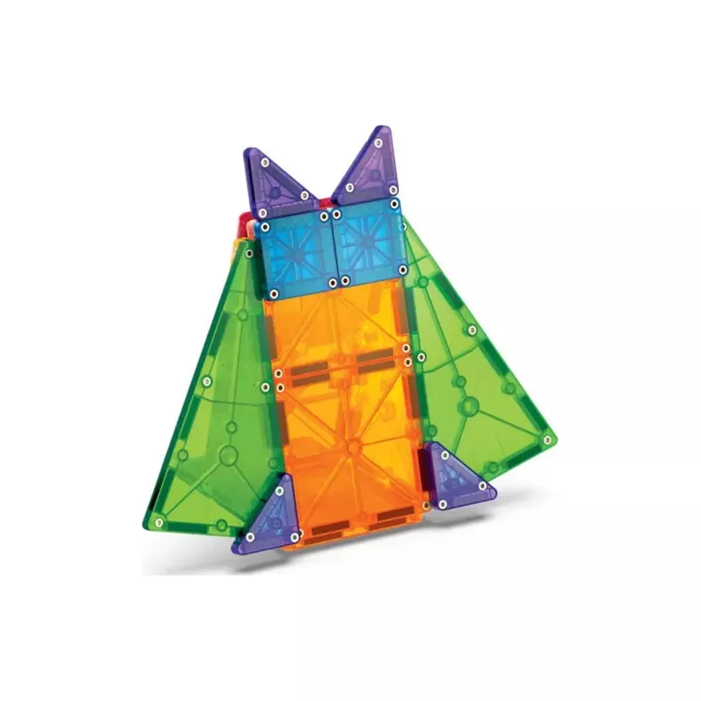 Transparente Magnetbausteine in Grün, Orange, Blau und Lila bilden eineFigur.