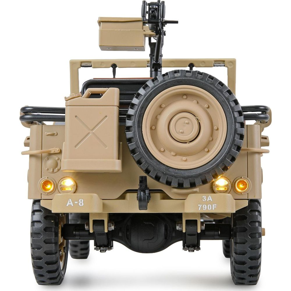 Ein beiges Militärspielzeug-Jeep mit Gewehr und Ersatzrad.