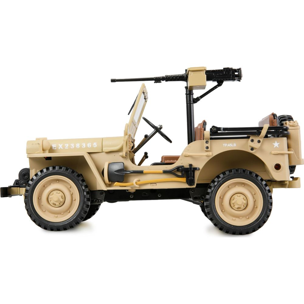 Ein beiges Militärjeep-Modell mit Maschinengewehr und Werkzeugen.