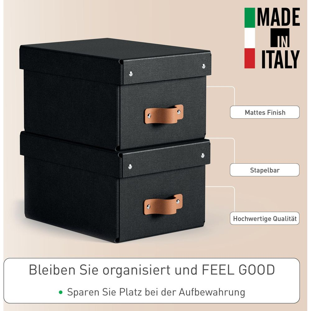 Zwei schwarze, stapelbare Aufbewahrungsboxen mit Ledergriffen, Made in Italy.