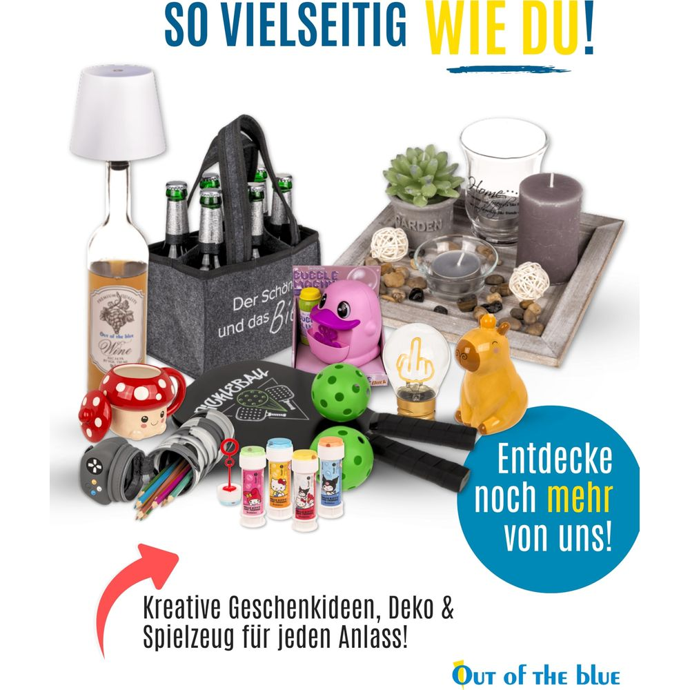 Vielfältige Dekoartikel, Geschenke und Spielzeug, darunter Wein, Kerzen und Seifenblasen.