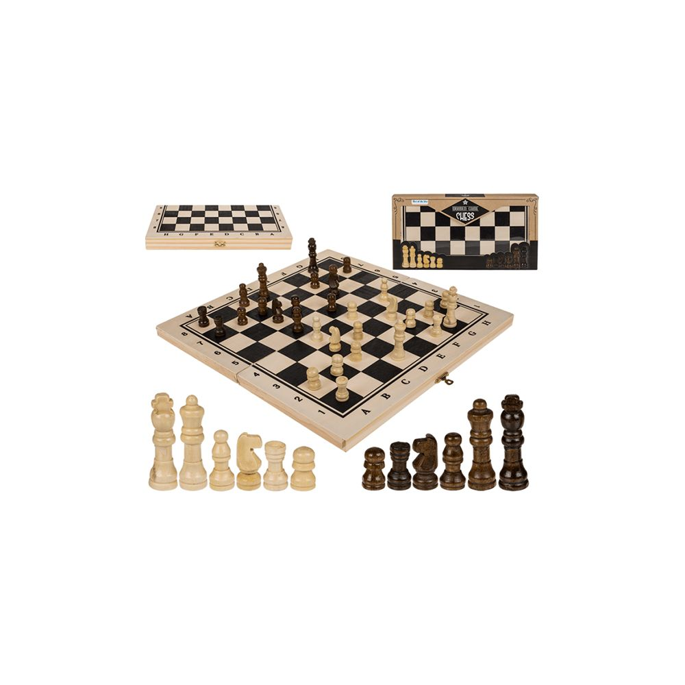 Ein Schachspiel mit Holzfiguren und Brett, teilweise aufgebaut.