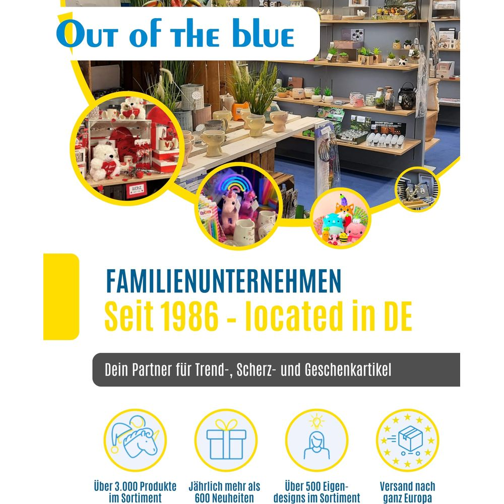 Werbebanner für 'Out of the blue' mit Produkten, Text und Icons.