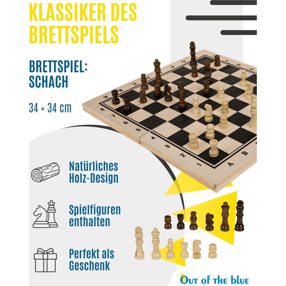 Ein hölzernes Schachbrett mit Figuren, 34x34cm. Natürliches Design.