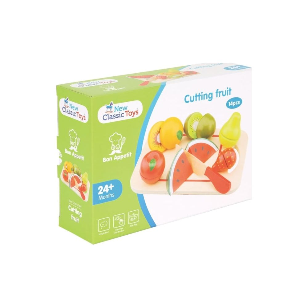 Una scatola del set 'Taglia la frutta' di New Classic Toys con 14 pezzi in legno.