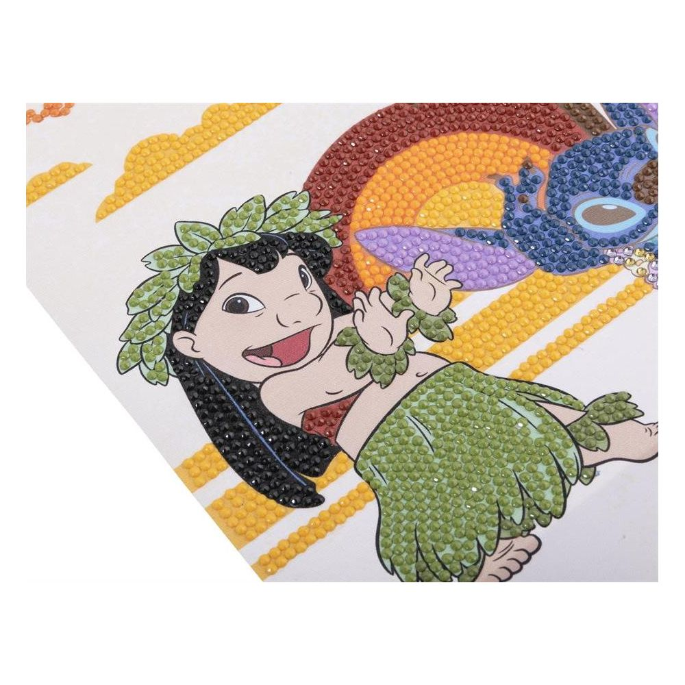 Dipinto di diamanti Lilo e Stitch con arcobaleno colorato, nuvole e strisce gialle.