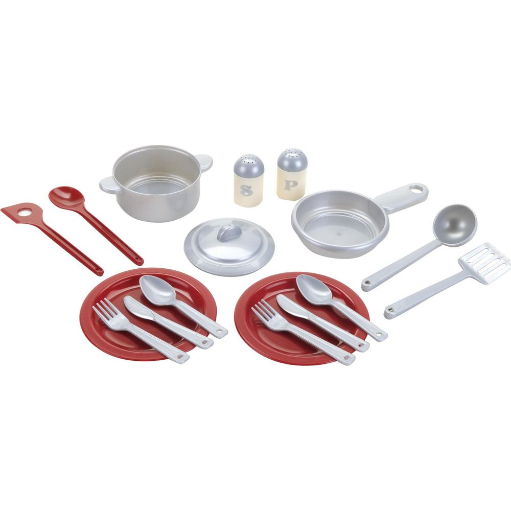 Stoviglie giocattolo: pentole, padelle, piatti, posate, saliera e pepiera, utensili.