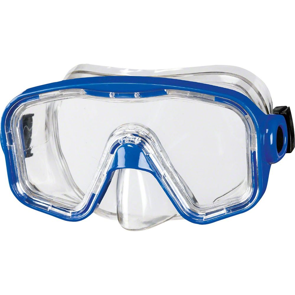 Blaue Tauchmaske mit klarem Gesichtsteil und blauem Rahmen.