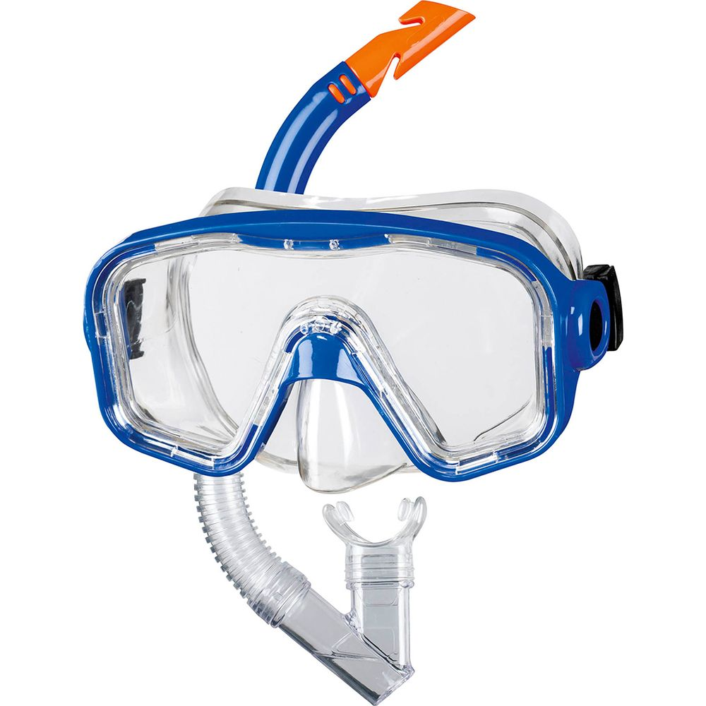 Blaue Tauchmaske mit orangefarbenem Schnorchel und transparentem Schlauch.