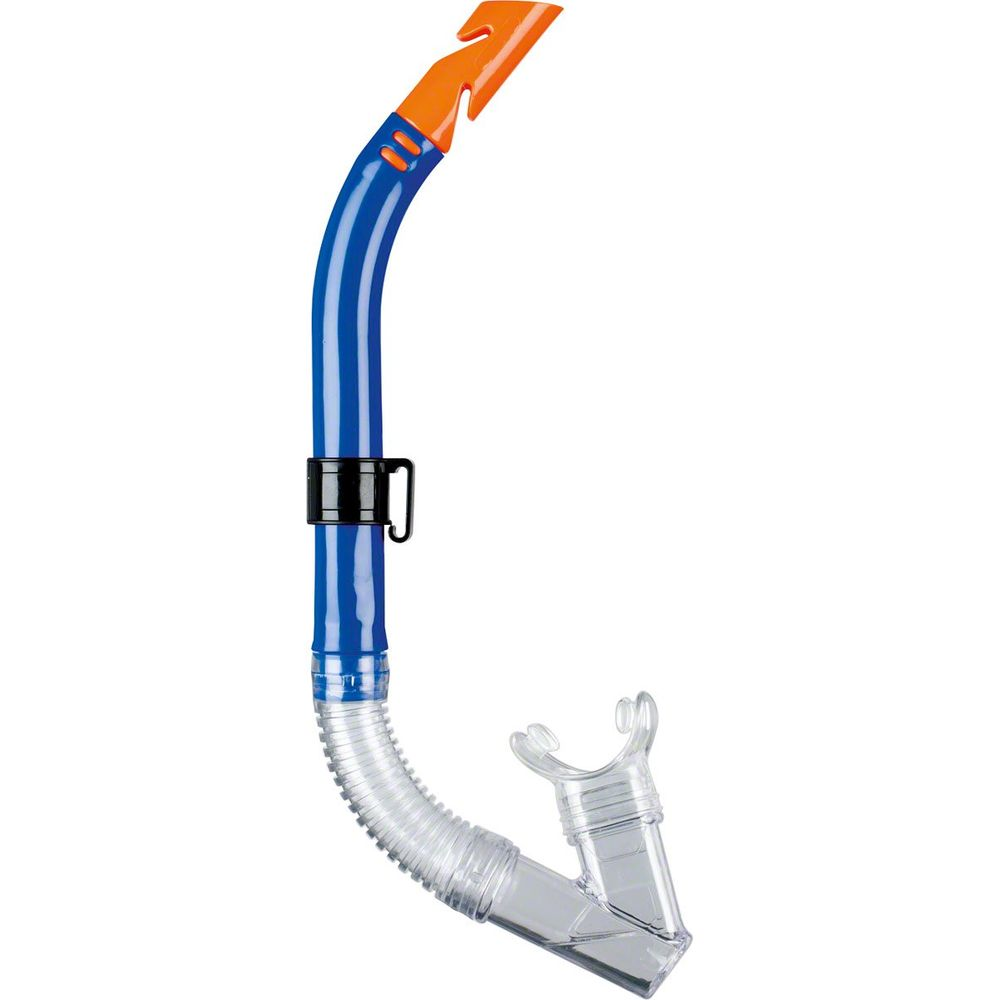Ein blauer Schnorchel mit orangefarbenem Mundstück und transparentem Schlauch.