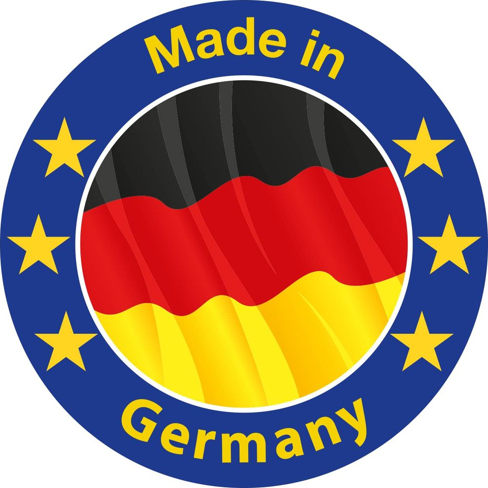 Sigillo UE Made in Germany con colori bandiera tedesca e stelle.