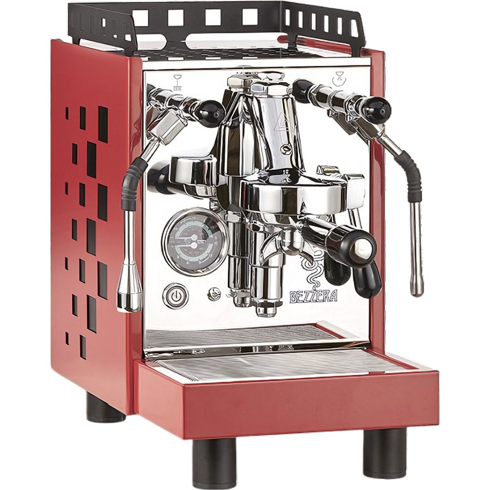 Une machine à expresso rouge avec des détails chromés polis et un manomètre.